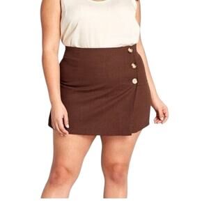 Modcloth Brown Sunny Attitude A-Line Faux Wrap Mini Skirt Button NWT size 14